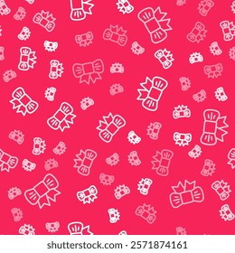 White line Gift bow icon isolated seamless pattern on red background.  Vector