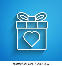 White line Gift box and heart icon isolated on blue background. 8 March. International Happy Women Day. Long shadow. Vector Illustration