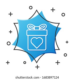 White line Gift box with heart icon isolated on white background. Valentines day. Blue hexagon button. Vector Illustration