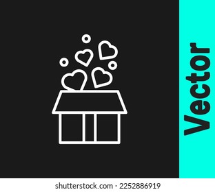 White line Gift box with hearts icon isolated on black background. Valentines day.  Vector