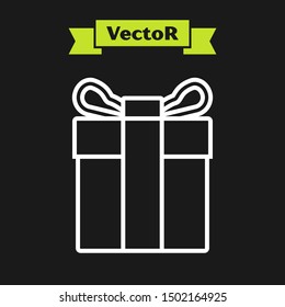 White line Gift box icon isolated on black background.  Vector Illustration
