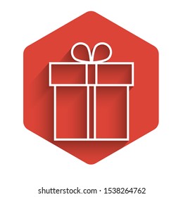 White line Gift box icon isolated with long shadow. Red hexagon button. Vector Illustration