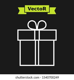 White line Gift box icon isolated on black background.  Vector Illustration