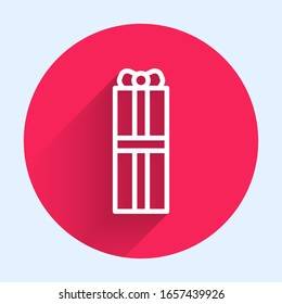 White line Gift box icon isolated with long shadow. Happy Birthday. Red circle button. Vector Illustration