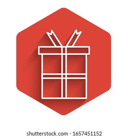 White line Gift box icon isolated with long shadow. Happy Birthday. Red hexagon button. Vector Illustration