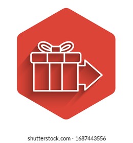 White line Gift box icon isolated with long shadow. Red hexagon button. Vector Illustration
