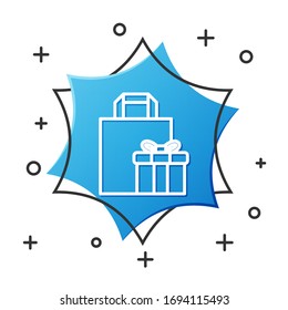 Icono de la caja de regalo de la línea blanca aislado en fondo blanco. Botón hexágono azul. Ilustración vectorial