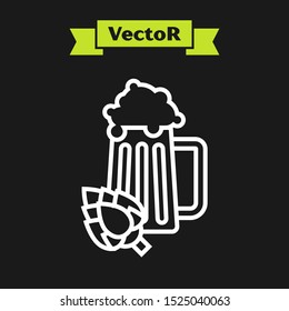 White line Glass of beer and hop icon isolated on black background.  Vector Illustration
