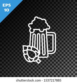 White line Glass of beer and hop icon isolated on transparent dark background.  Vector Illustration