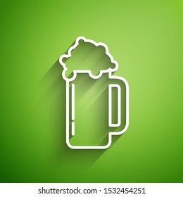 White line Glass of beer icon isolated on green background.  Vector Illustration