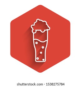 White line Glass of beer icon isolated with long shadow. Red hexagon button. Vector Illustration