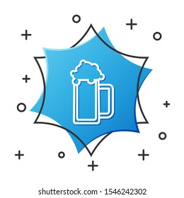 White line Glass of beer icon isolated on white background. Blue hexagon button. Vector Illustration