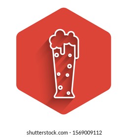 White line Glass of beer icon isolated with long shadow. Red hexagon button. Vector Illustration
