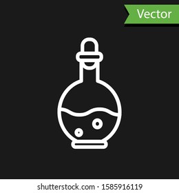 White line Glass bottle with magic elixir icon isolated on black background. Computer game asset.  Vector Illustration