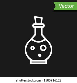 White line Glass bottle with magic elixir icon isolated on black background. Computer game asset.  Vector Illustration
