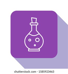 White line Glass bottle with magic elixir icon isolated on white background. Computer game asset. Purple square button. Vector Illustration