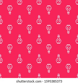 White line Glass bottle with magic elixir icon isolated seamless pattern on red background. Computer game asset.  Vector Illustration