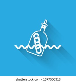 White line Glass bottle with a message in water icon isolated with long shadow. Letter in the bottle. Pirates symbol.  Vector Illustration