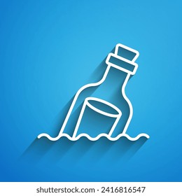 White line Glass bottle with a message in water icon isolated on blue background. Letter in the bottle. Pirates symbol. Long shadow. Vector