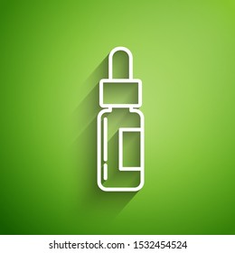White line Glass bottle with a pipette. Vial with a pipette inside icon isolated on green background. Container for medical and cosmetic product.  Vector Illustration