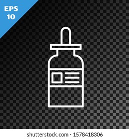 White line Glass bottle with a pipette icon isolated on transparent dark background. Container for medical and cosmetic product.  Vector Illustration
