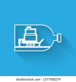 White line Glass bottle with ship inside icon isolated with long shadow. Miniature model of marine vessel. Hobby and sea theme.  Vector Illustration