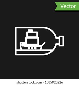 White line Glass bottle with ship inside icon isolated on black background. Miniature model of marine vessel. Hobby and sea theme.  Vector Illustration