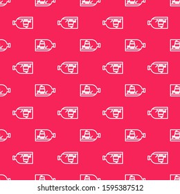 White line Glass bottle with ship inside icon isolated seamless pattern on red background. Miniature model of marine vessel. Hobby and sea theme.  Vector Illustration