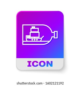 White line Glass bottle with ship inside icon isolated on white background. Miniature model of marine vessel. Hobby and sea theme. Rectangle color button. Vector Illustration