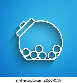 White line Glass jar with candies inside icon isolated on blue background. Long shadow. Vector