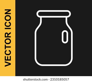 White line Glass jar with screw-cap icon isolated on black background.  Vector