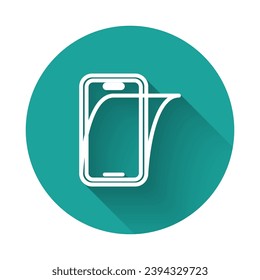 White line Glass screen protector for smartphone icon isolated with long shadow background. Protective film for glass. Transparent soft glass for mobile phone. Green circle button. Vector