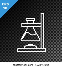White line Glass test tube flask on fire heater experiment icon isolated on transparent dark background. Laboratory equipment.  Vector Illustration