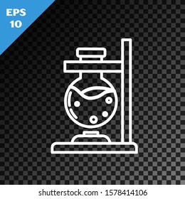 White line Glass test tube flask on fire heater experiment icon isolated on transparent dark background. Laboratory equipment.  Vector Illustration