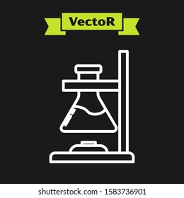 White line Glass test tube flask on fire heater experiment icon isolated on black background. Laboratory equipment.  Vector Illustration