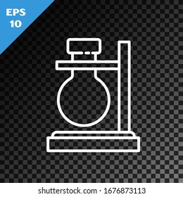 White line Glass test tube flask on stand icon isolated on transparent dark background. Laboratory equipment.  Vector Illustration