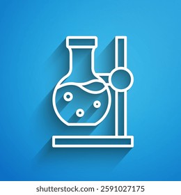 White line Glass test tube flask on stand icon isolated on blue background. Laboratory equipment. Long shadow. Vector
