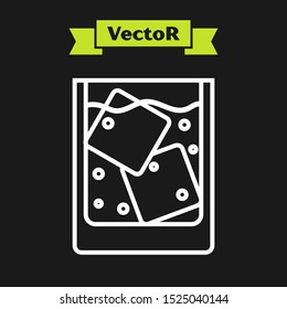 White line Glass of whiskey and ice cubes icon isolated on black background.  Vector Illustration