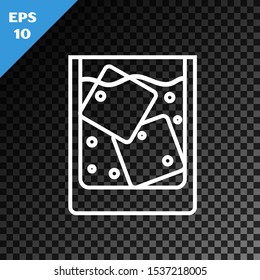 White line Glass of whiskey and ice cubes icon isolated on transparent dark background.  Vector Illustration