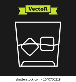 White line Glass of whiskey and ice cubes icon isolated on black background.  Vector Illustration