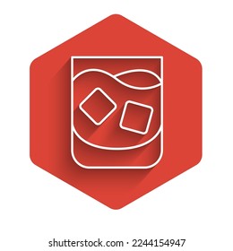 White line Glass of whiskey and ice cubes icon isolated with long shadow. Red hexagon button. Vector