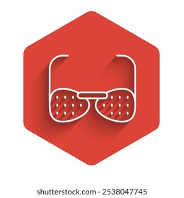 Gafas de línea blanca para ciegos y discapacitados visuales icono aislado con sombra larga. Botón hexagonal rojo. Vector