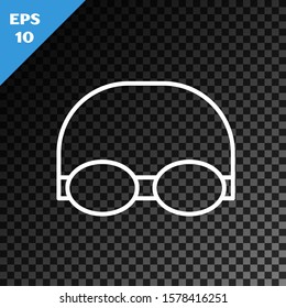 White line Glasses and cap for swimming icon isolated on transparent dark background. Swimming cap and goggles. Diving underwater equipment.  Vector Illustration