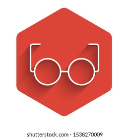 White line Glasses icon isolated with long shadow. Eyeglass frame symbol. Red hexagon button. Vector Illustration
