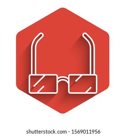 White line Glasses icon isolated with long shadow. Eyeglass frame symbol. Red hexagon button. Vector Illustration