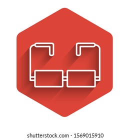 White line Glasses icon isolated with long shadow. Eyeglass frame symbol. Red hexagon button. Vector Illustration