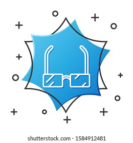 White line Glasses icon isolated on white background. Eyeglass frame symbol. Blue hexagon button. Vector Illustration