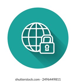 White line Global lockdown - locked globe icon isolated with long shadow. Green circle button. Vector