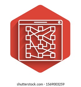 White line Global technology or social network icon isolated with long shadow. Red hexagon button. Vector Illustration