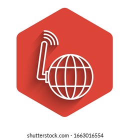 White line Global technology or social network icon isolated with long shadow. Red hexagon button. Vector Illustration